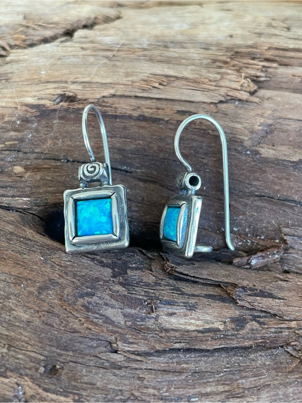 Sterling Silver Blue Opal Square Drop Earrings